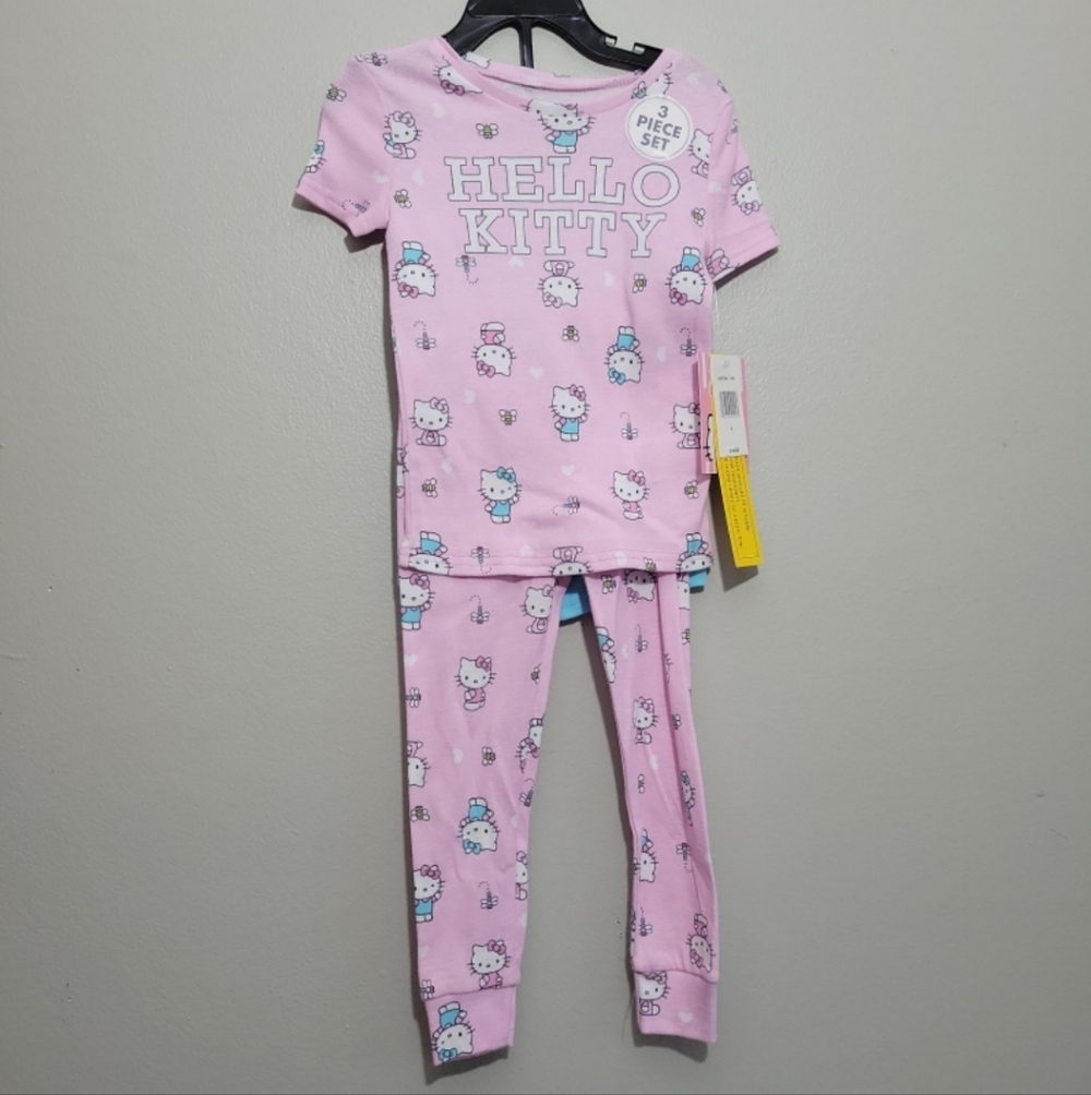Hello Kitty NWT Girls 4T Pajama 3 pcs Set Pink Blue Cotton PJs Sanrio Sleepwear